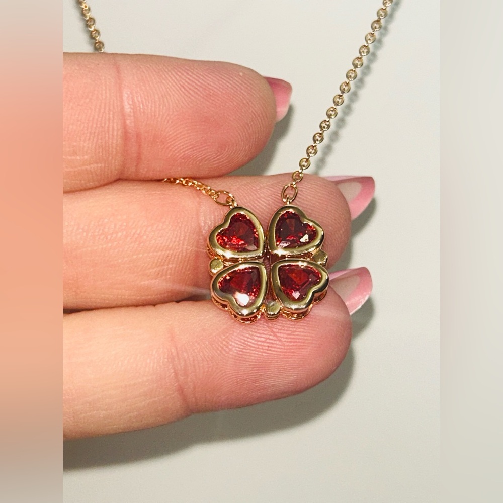 Heart Shaped Clover Magnetic Red & Rose Gold Plated Pendant Necklace - Picture 3 of 12